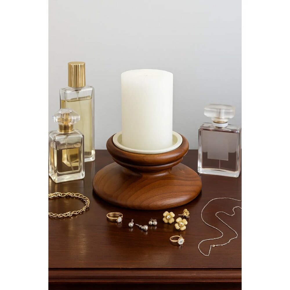 Vintage Teak Wood Pillar Candle Holder White Ceramic Insert Mid Century Modern